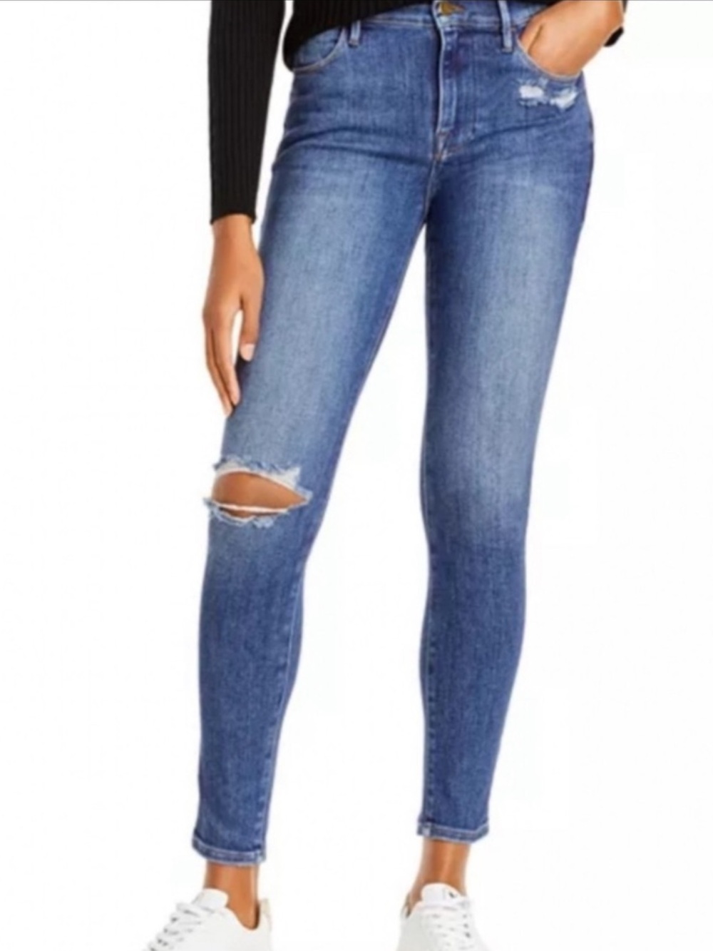 Frame Le High Distressed Skinny in Saxon Blue